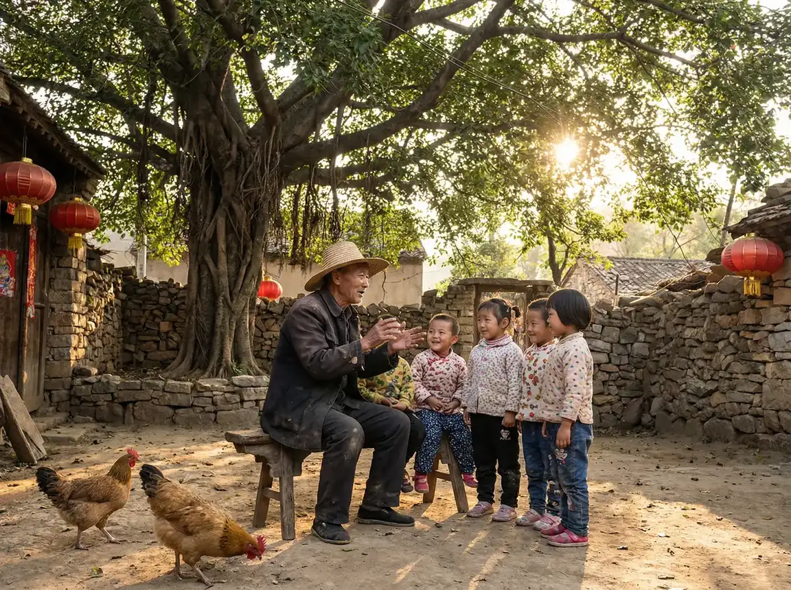 老人在大榕树下给孩子们讲故事 - 琪琪影院 乡村记忆